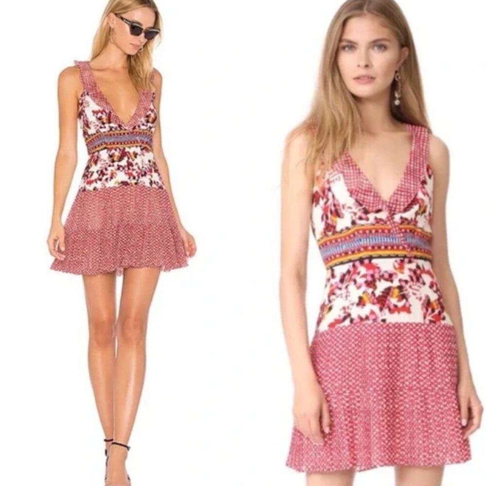 NWT SALONI Amy Silk Ruffled V‑neck Mini Dress Red Gingham Floral US4/UK8 $425